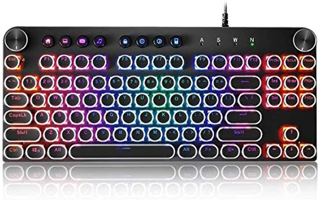 Mechanical Keyboard, 87 Keys Brown Switch RGB Keyboard with Media Control Knobs, Retro round Keys Gaming Keyboard, Black